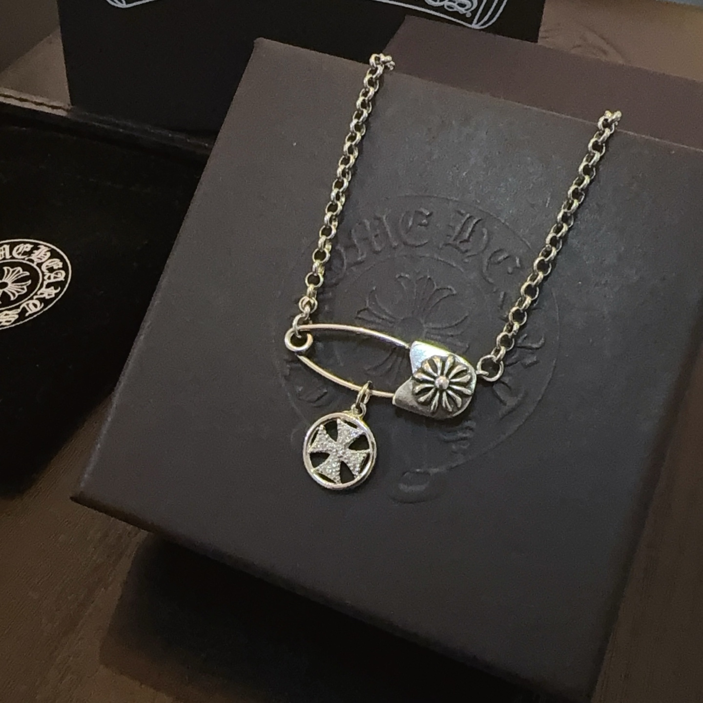 Chrome Hearts Sterling Silver Safety Pin & Cross Pendant Necklace CH - SP01