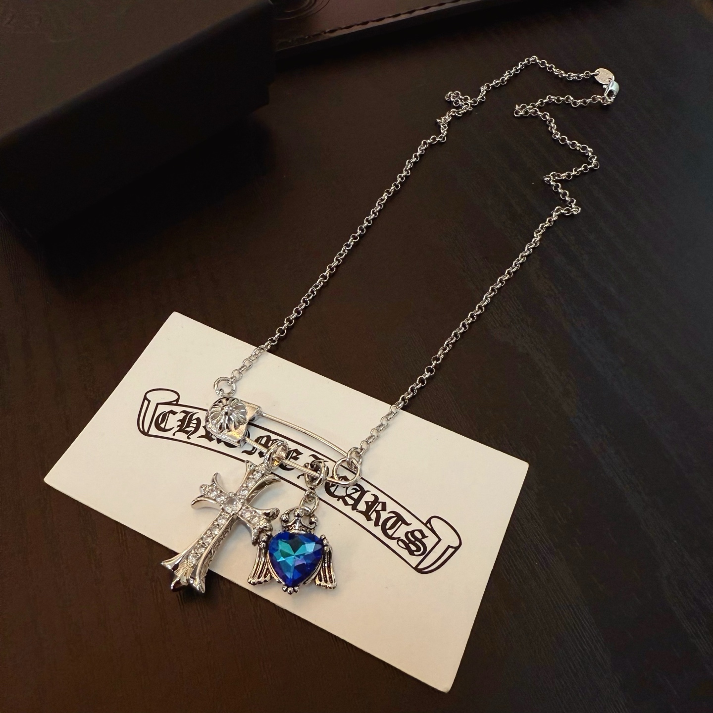 Chrome Hearts Sterling Silver Multi - Pendant Necklace (Safety Pin, Diamond Cross, Blue Gem Heart) CH - MP01