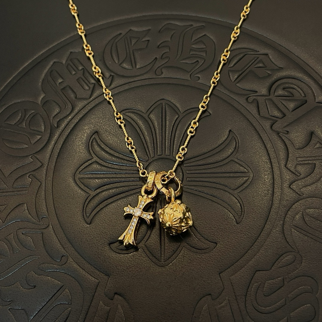 Chrome Hearts Gold - Plated Sterling Silver Diamond - Accented Dual Pendant Necklace (Cross & Floral) CH - GD01
