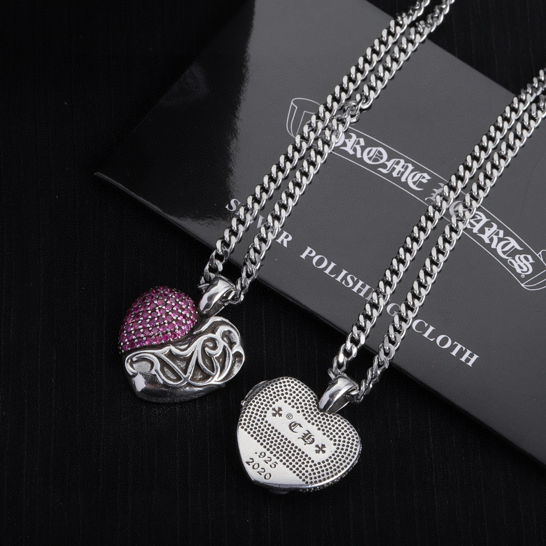 Chrome Hearts Sterling Silver Gem - Encrusted Heart Pendant Necklace (Cuban Chain) CH - HT01