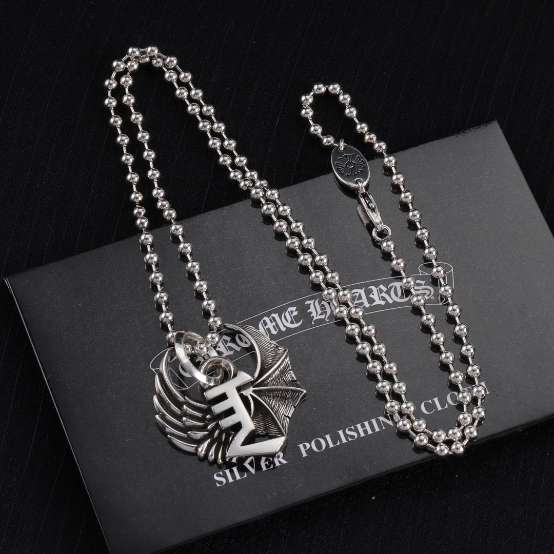 Chrome Hearts Sterling Silver Winged Symbol Pendant Necklace (Ball - Chain) CH - WG01