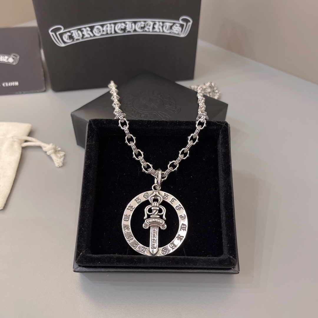 Chrome Hearts Sterling Silver Sword - in - Circle Engraved Pendant Necklace CH - SW01