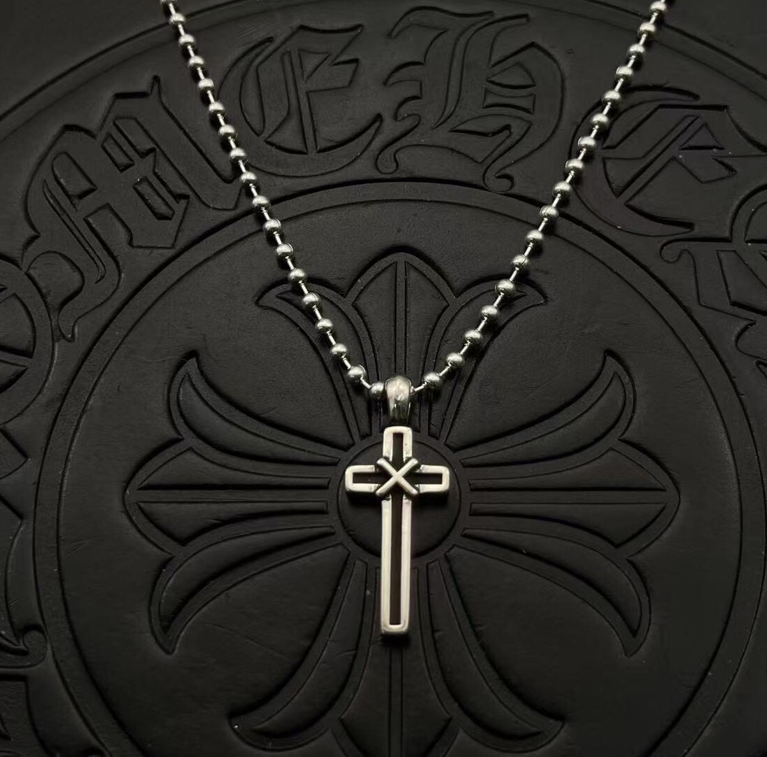 Chrome Hearts Sterling Silver Open - Work Cross Pendant Necklace (Bead Chain) CH - CR10