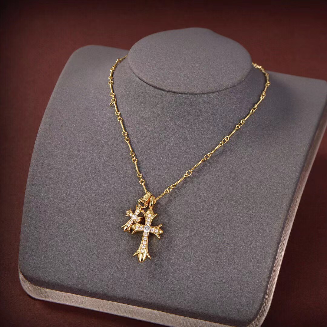 Chrome Hearts Gold - Plated Sterling Silver Diamond - Encrusted Double Cross Pendant Necklace CH - CR06