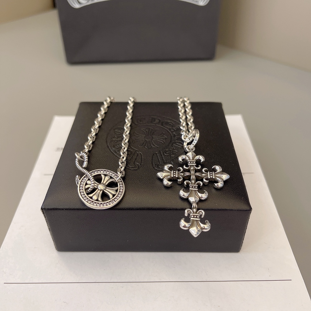 Chrome Hearts Sterling Silver Dual Pendant Necklace Set: Fleur - de - Lis Cross & Diamond - Accented Medallion CH - FD01