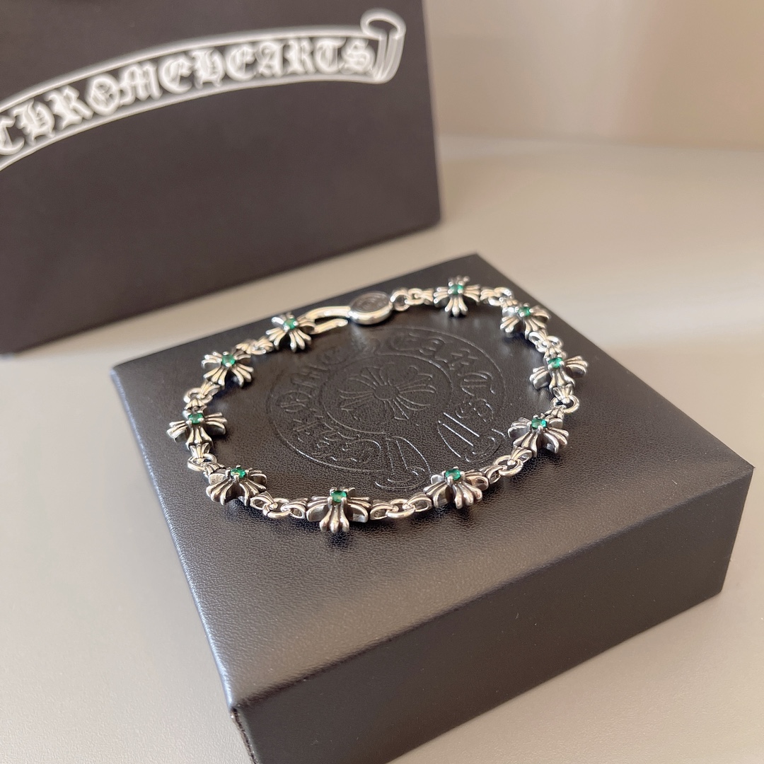 Chrome Hearts Sterling Silver Emerald - Accented Floral Link Bracelet CH - GB01