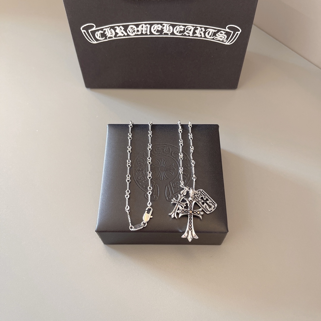 Chrome Hearts Sterling Silver Multi - Motif Cross & Engraved Pendant Necklace CH - MX01