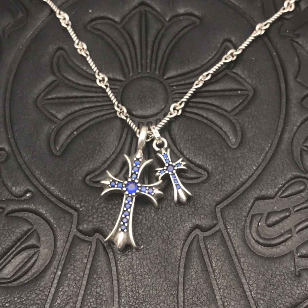 Chrome Hearts Sterling Silver Blue Gem - Embellished Dual Cross Pendant Necklace CH - CB01