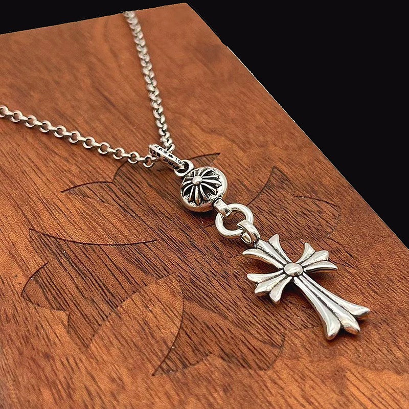 Chrome Hearts Sterling Silver Beaded Chain Cross Pendant Necklace CH - CP15