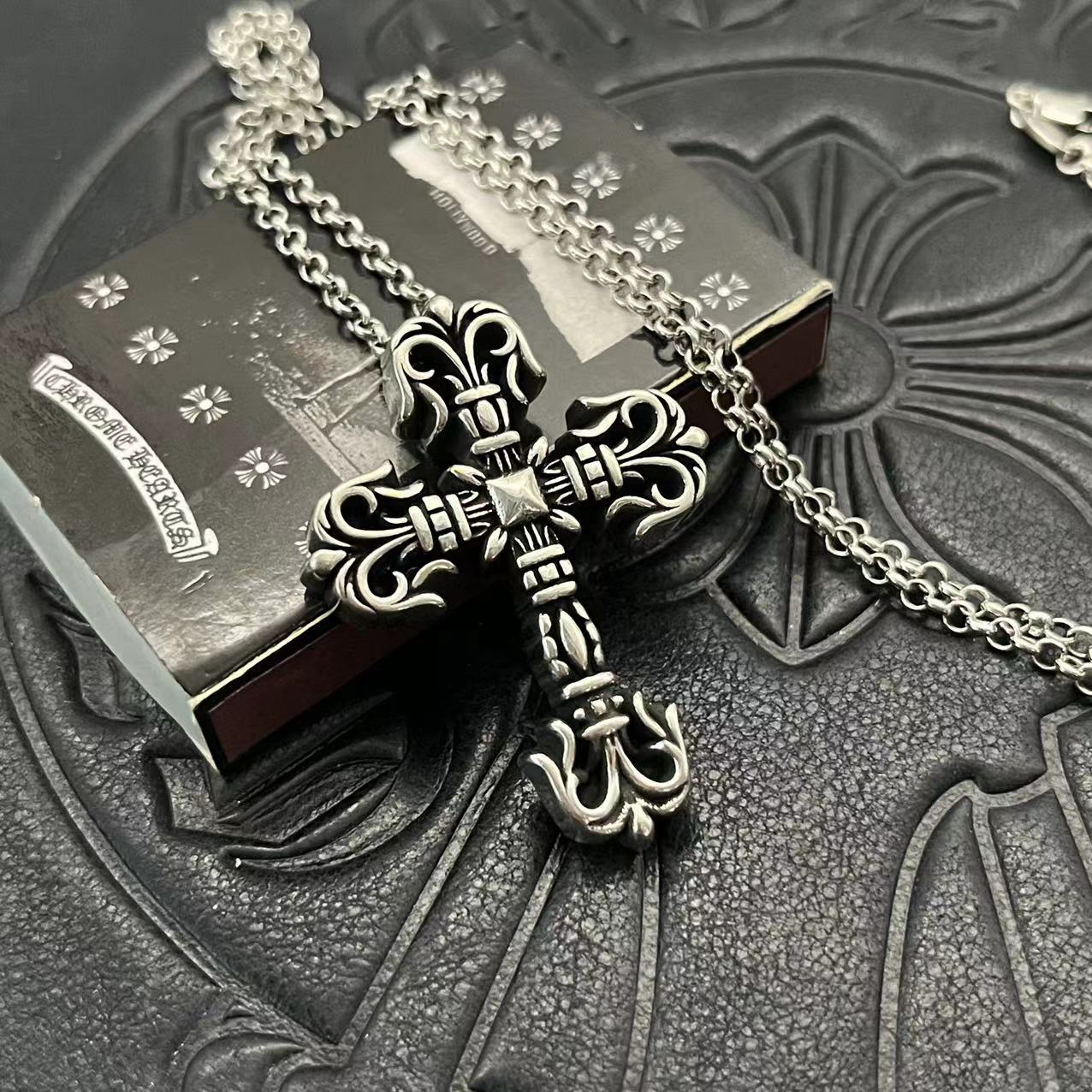 Chrome Hearts Sterling Silver Ornate Filigree Cross Pendant Necklace CH - CR04