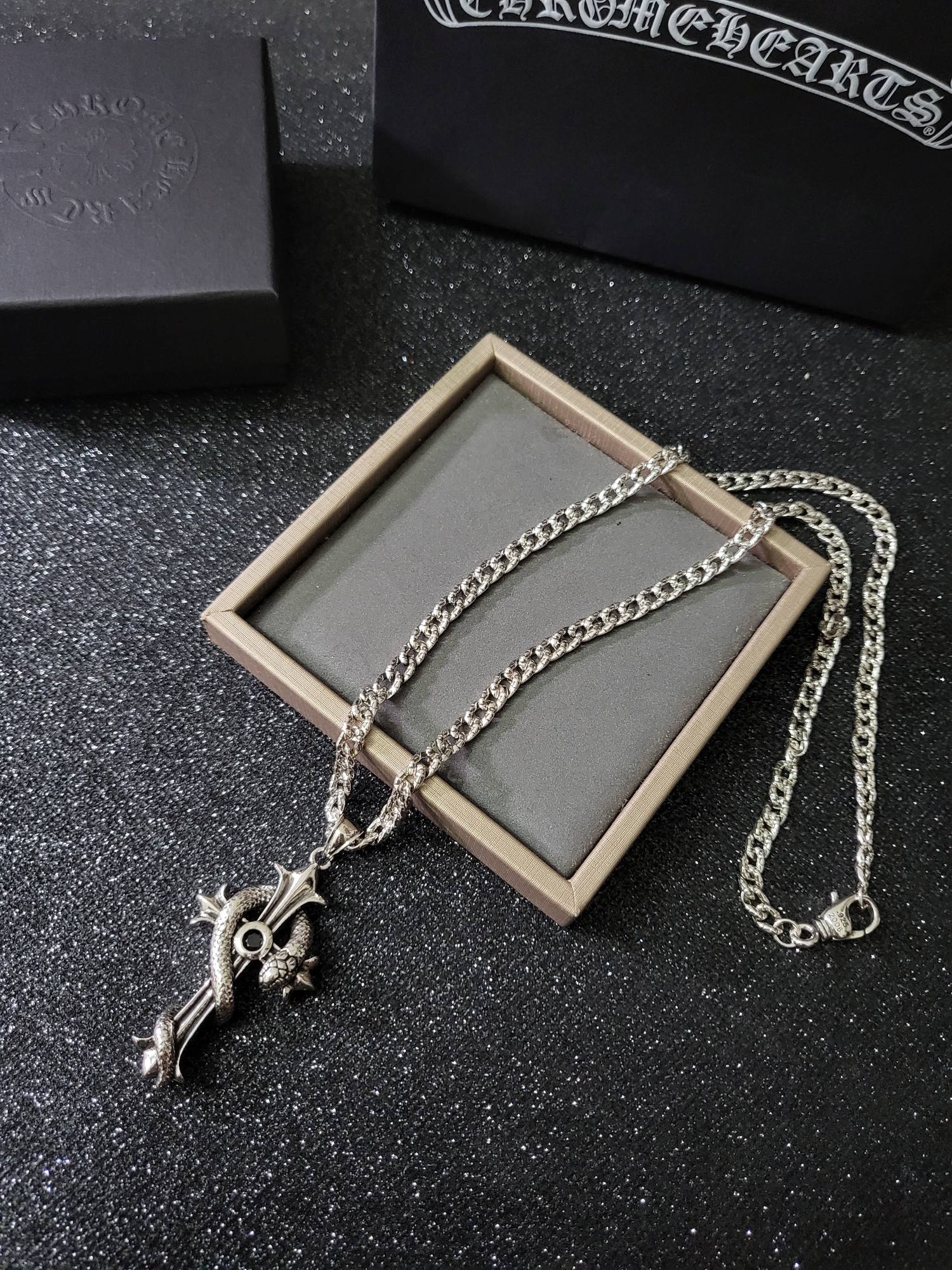 Chrome Hearts Sterling Silver Dragon - Wrapped Cross Pendant Necklace CH - DR01