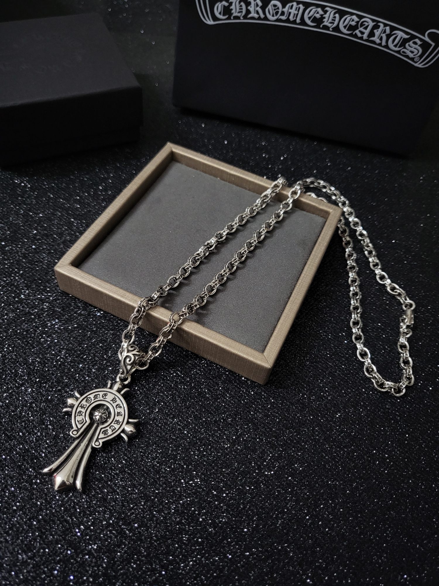 Chrome Hearts Sterling Silver Engraved Cross Pendant Necklace CH - CP07