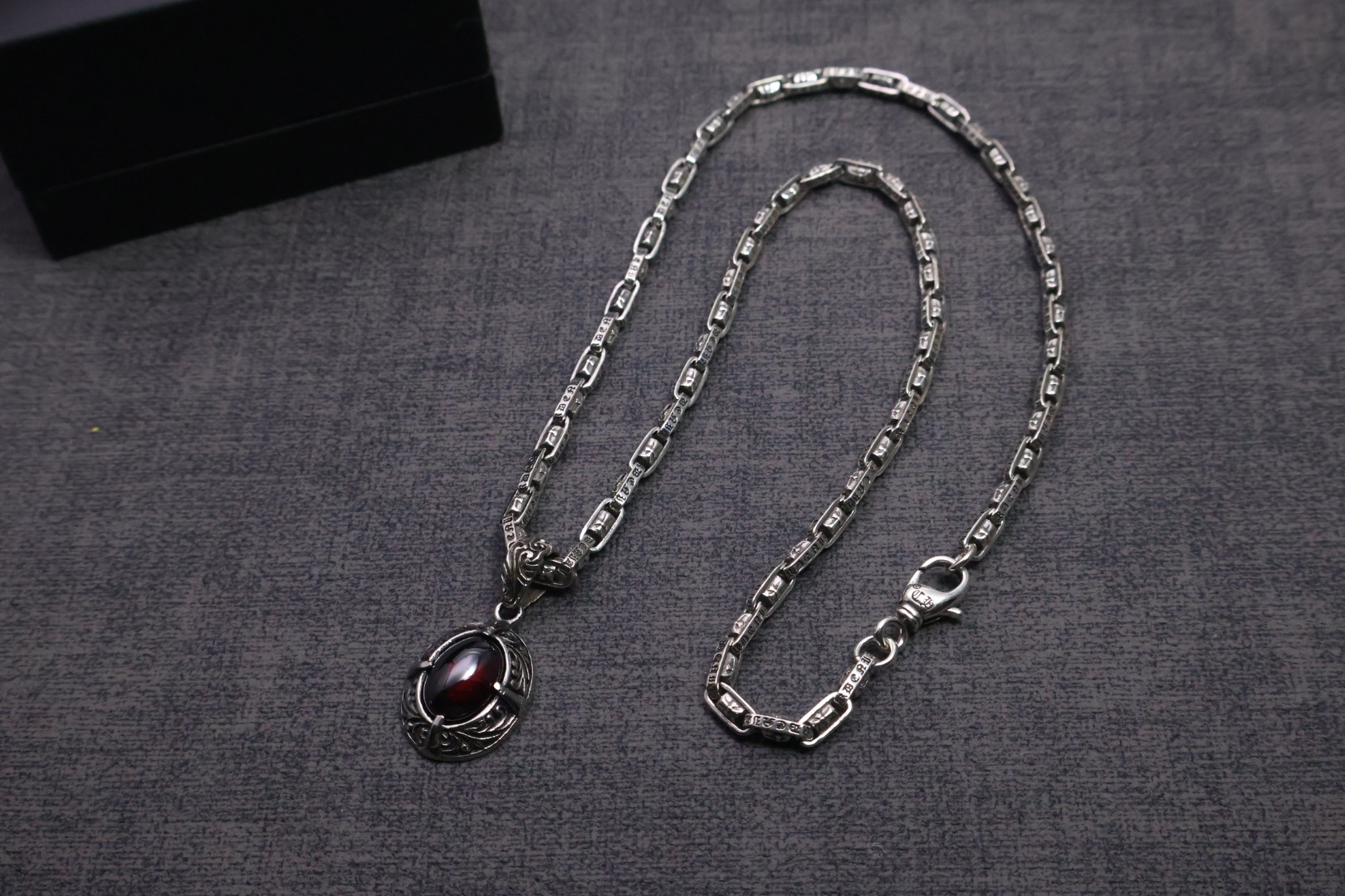Chrome Hearts Sterling Silver Oval Gem Pendant Necklace with Engraved Chain
