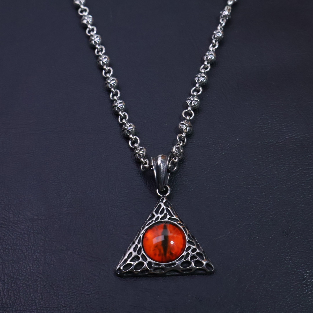 Chrome Hearts Sterling Silver Triangular "Evil Eye" Pendant Necklace with Bead Chain