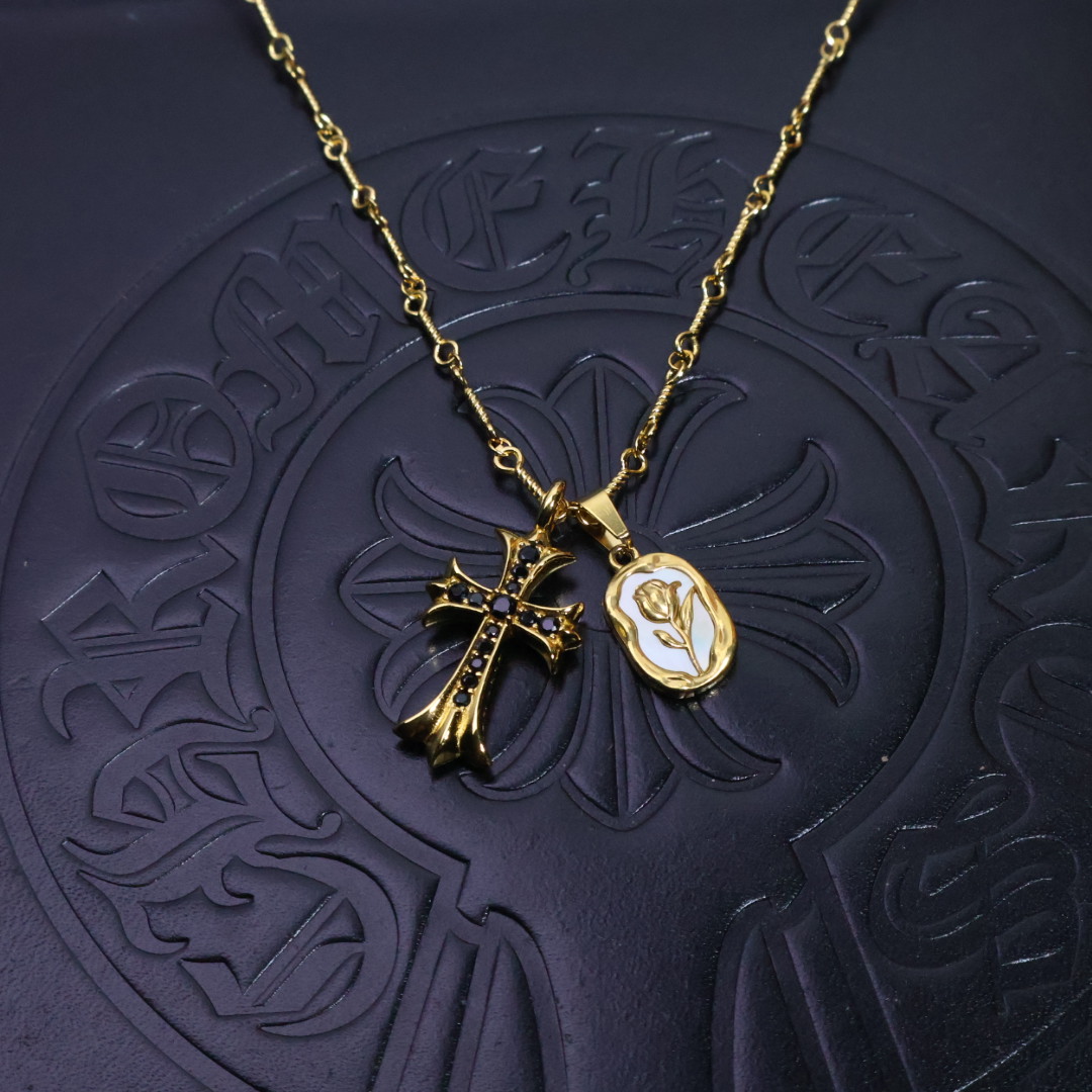 Chrome Hearts Gold - Tone Double Pendant Necklace: Black - Gem Cross & Mother - of - Pearl Rose