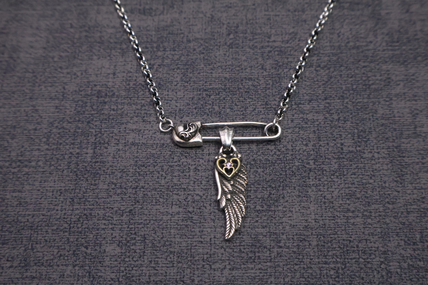 Chrome Hearts Sterling Silver Safety Pin & Wing Pendant Necklace with Gold Accents