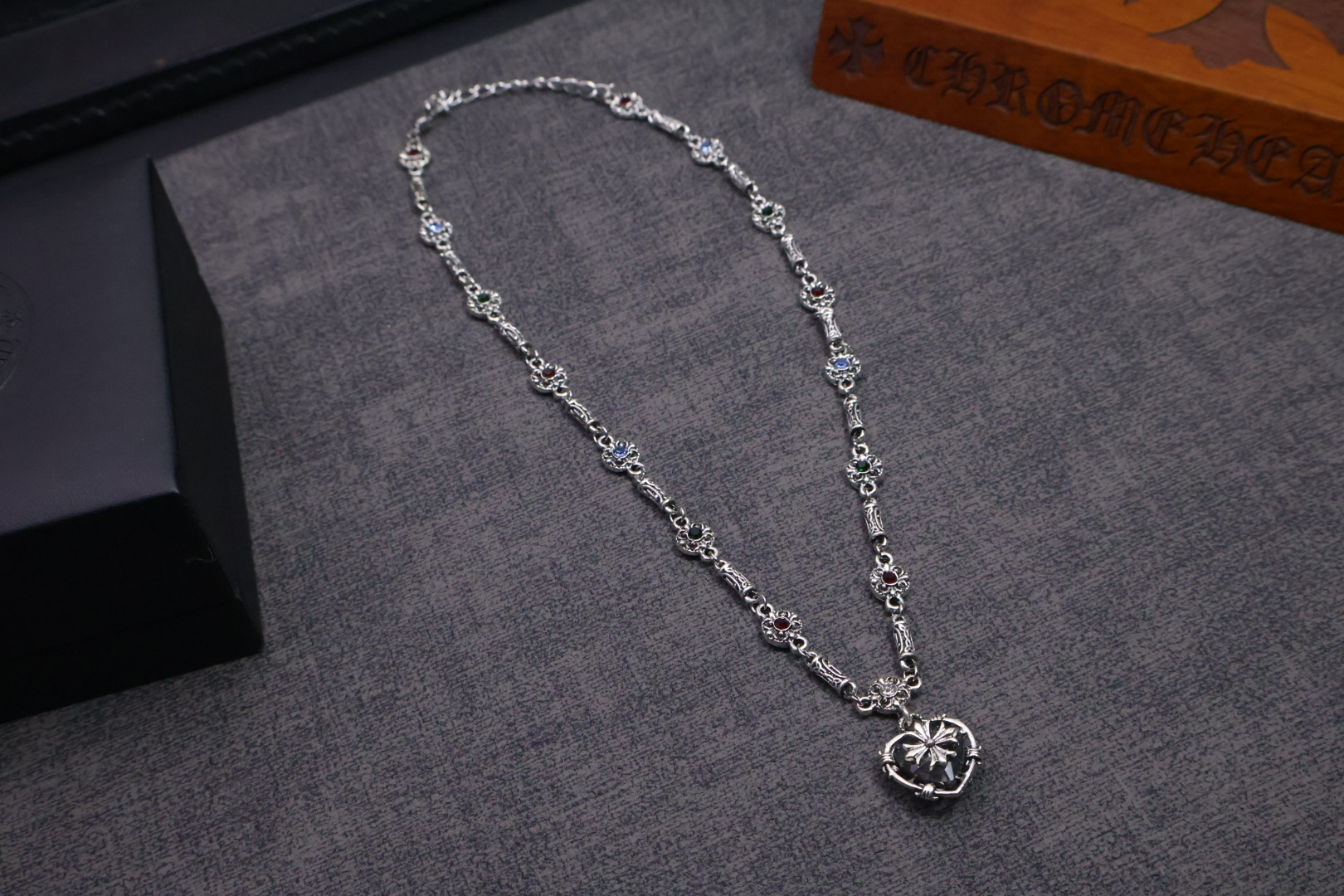 Chrome Hearts Sterling Silver Heart - Shaped Pendant Necklace with Colored Gemstone Chain
