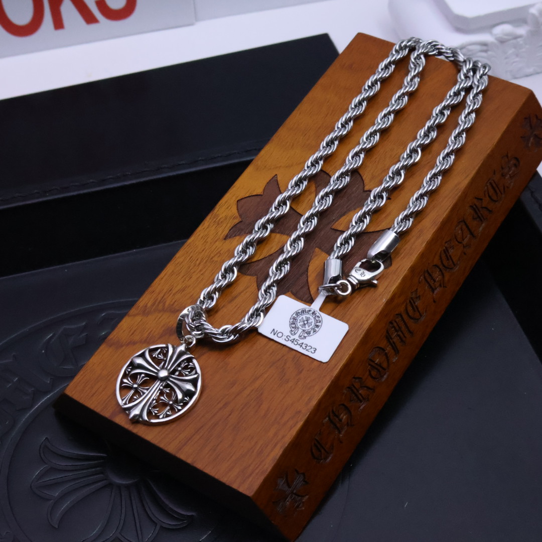 Chrome Hearts Sterling Silver Open - Work Cross Pendant Necklace with Rope Chain