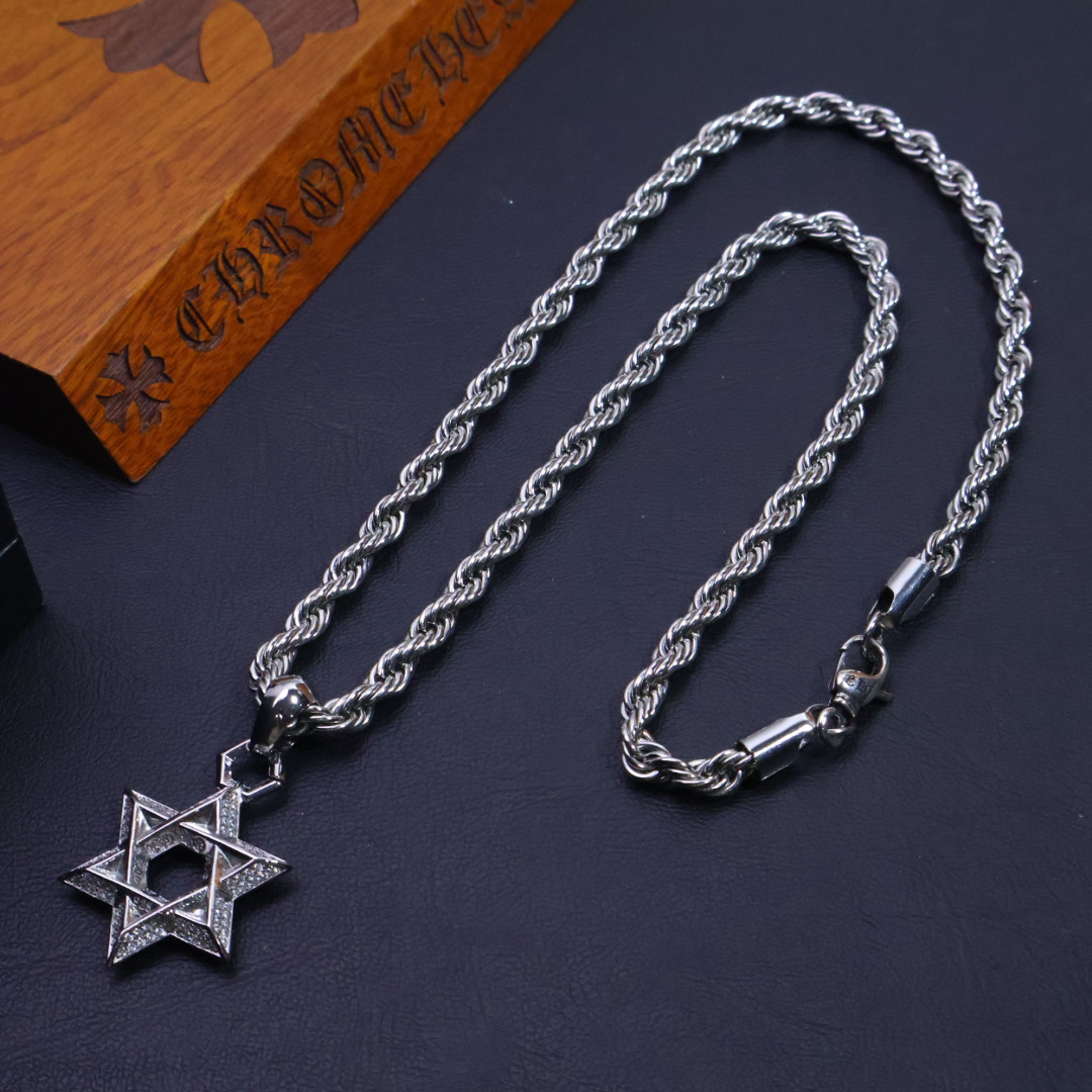 Chrome Hearts Sterling Silver Star of David Pendant Necklace with Cubic Zirconia & Rope Chain