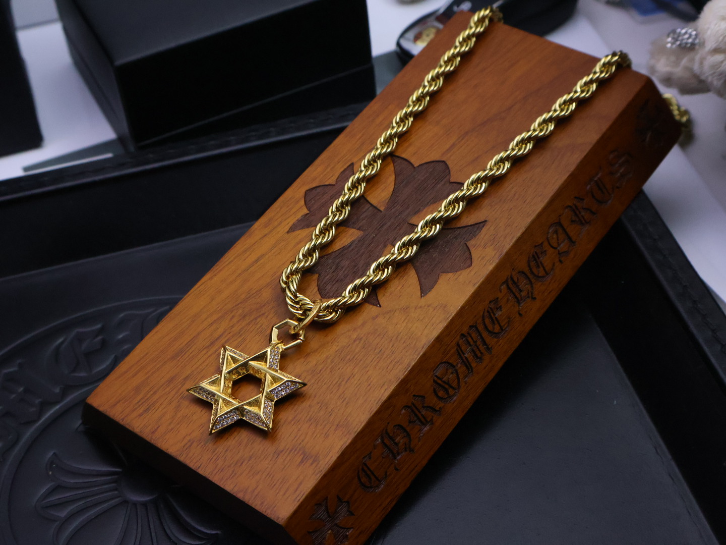 Chrome Hearts Gold - Tone Star of David Pendant Necklace with Cubic Zirconia & Rope Chain