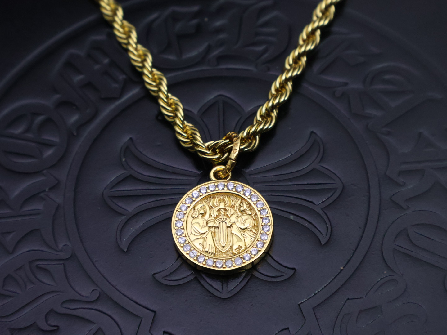 Chrome Hearts Gold - Tone Medallion Pendant Necklace with Cubic Zirconia & Rope Chain