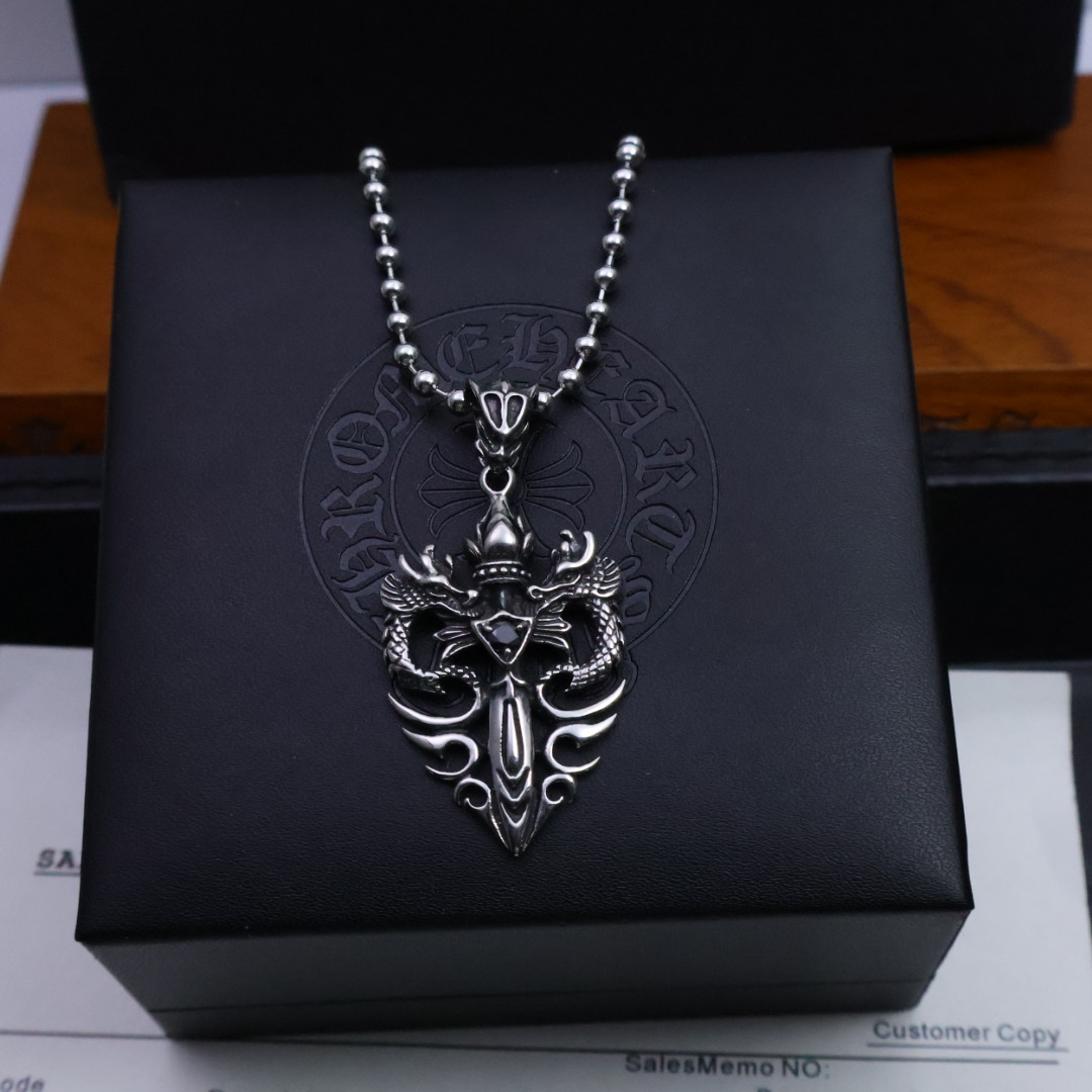 Chrome Hearts Sterling Silver Dragon - Sword Pendant Necklace with Bead Chain