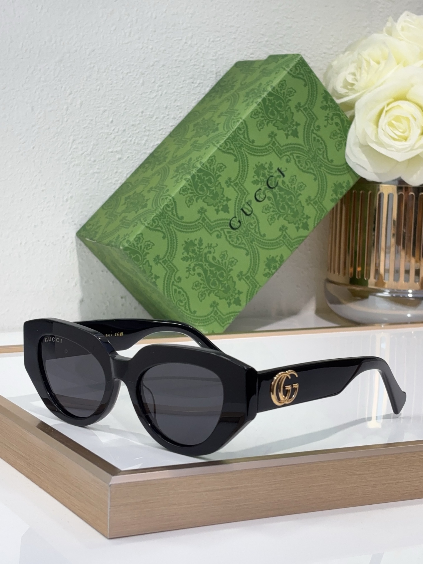 Gucci Cat - Eye Acetate Sunglasses with Gold Double G Accents - GG1295S