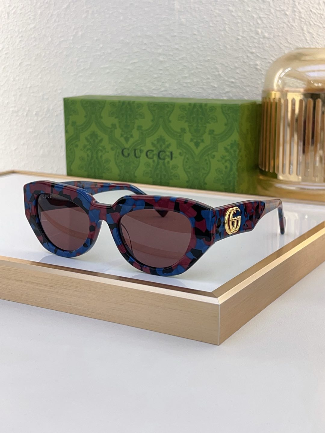 Gucci Cat - Eye Acetate Sunglasses with Blue - Red Camo Frame, Gold Double G & Brown Lenses - GG1293S
