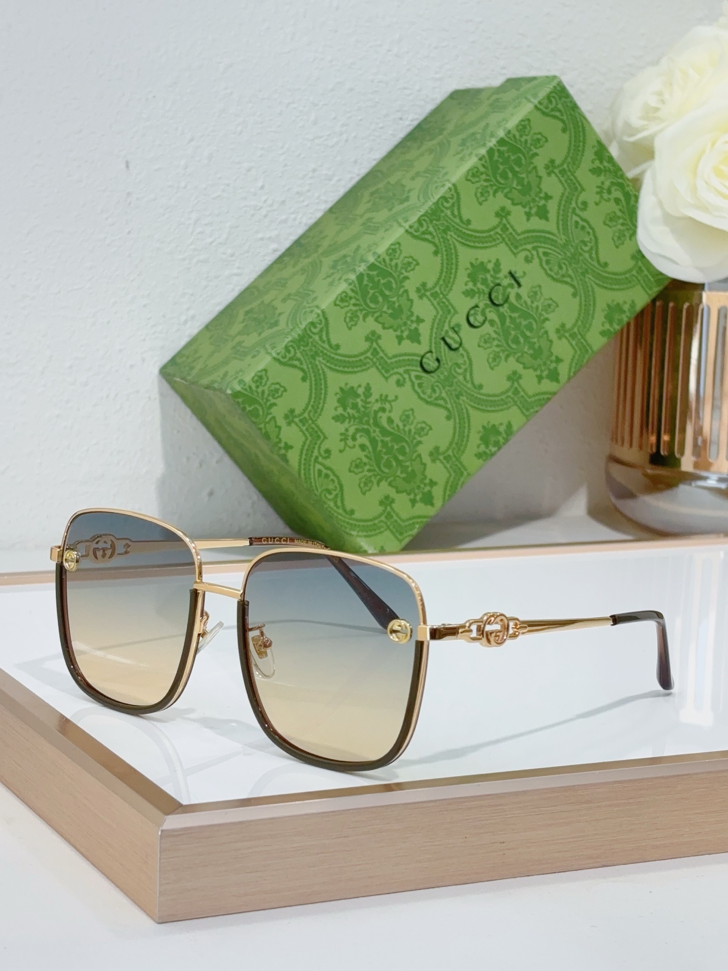 Gucci Square Metal Sunglasses with Gold Double G Chain Temples & Gradient Lenses - GG1287S