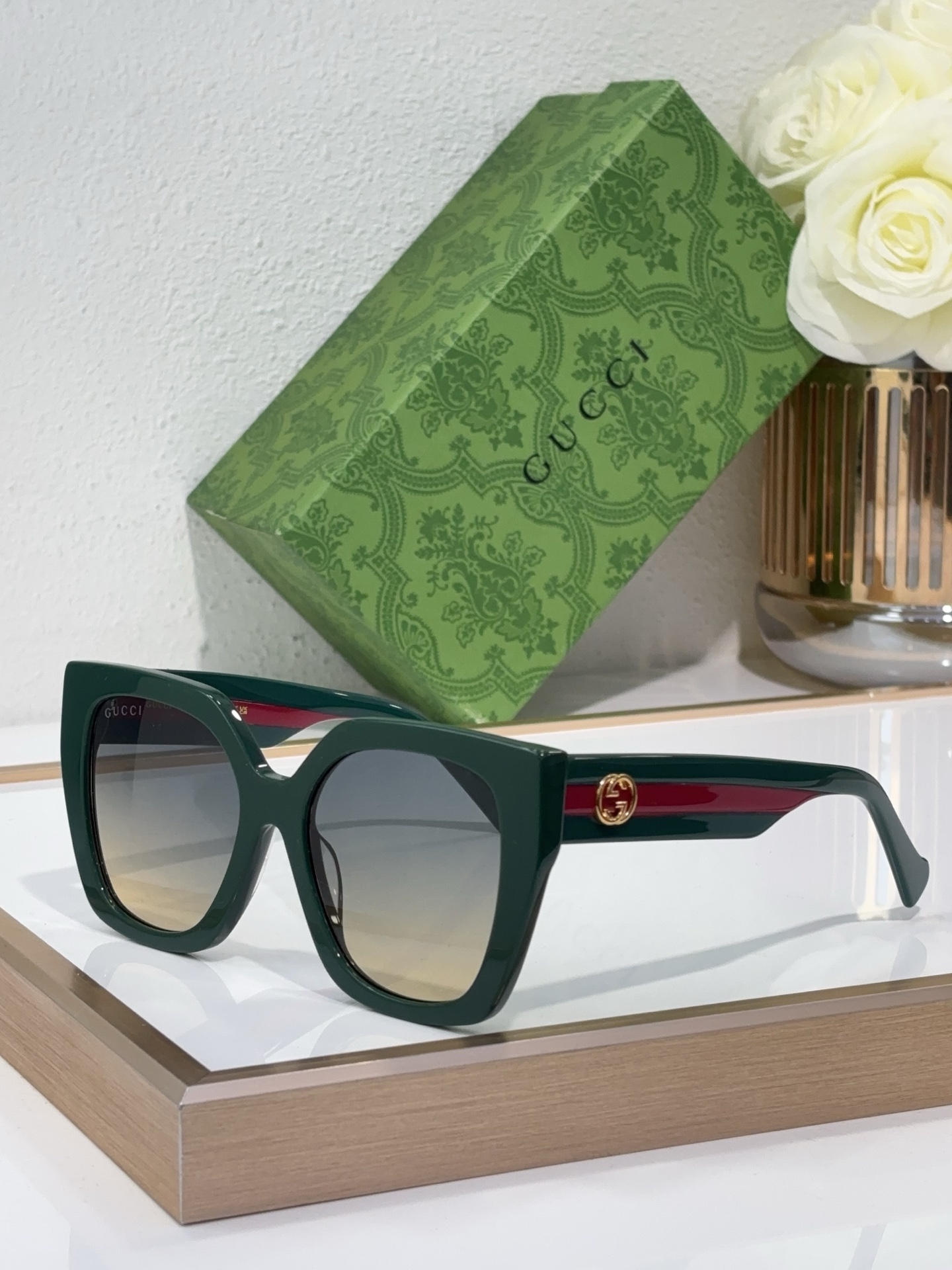 Gucci Square Acetate Sunglasses with Gold Double G Accents & Dark Gray Lenses - GG1272S