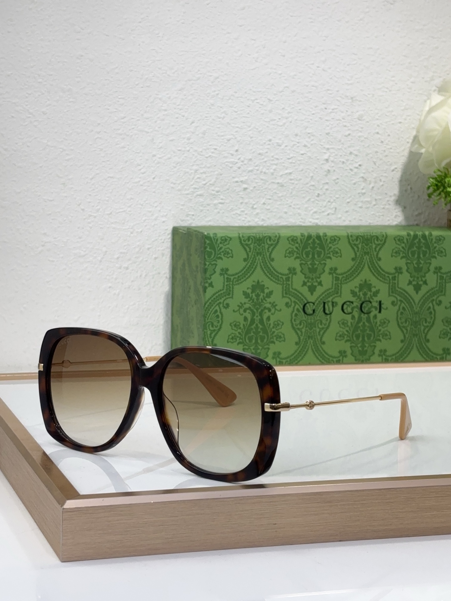 Gucci Oversized Square Acetate Sunglasses with Dark Gray Lenses, Black Frame & Gold - Pink Metal Accents - GG1000S