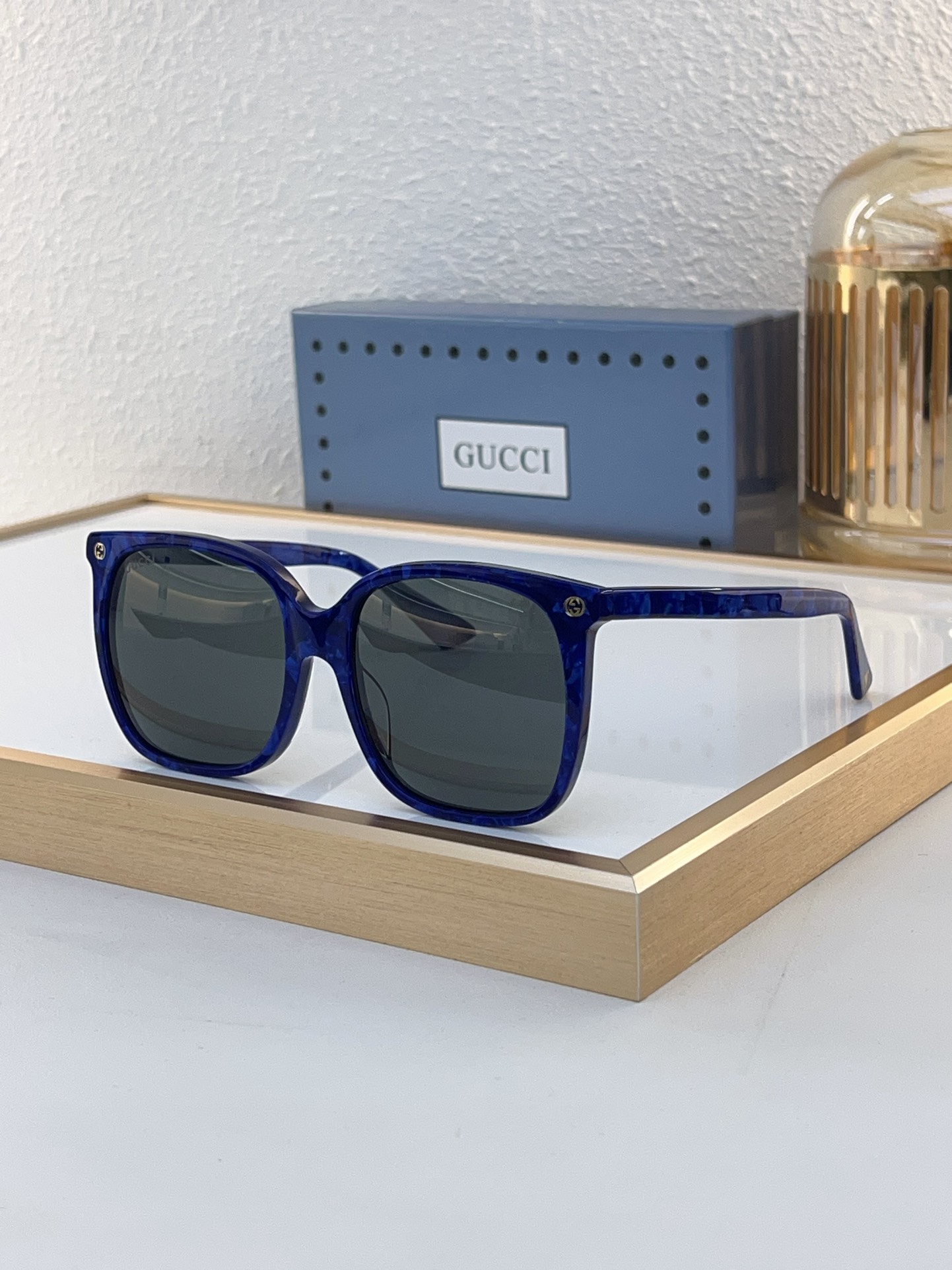 Gucci Square Acetate Sunglasses with Marbled Blue Frame, Dark Gray Lenses & Subtle Brand Detailing - GG0988S 1. Brand