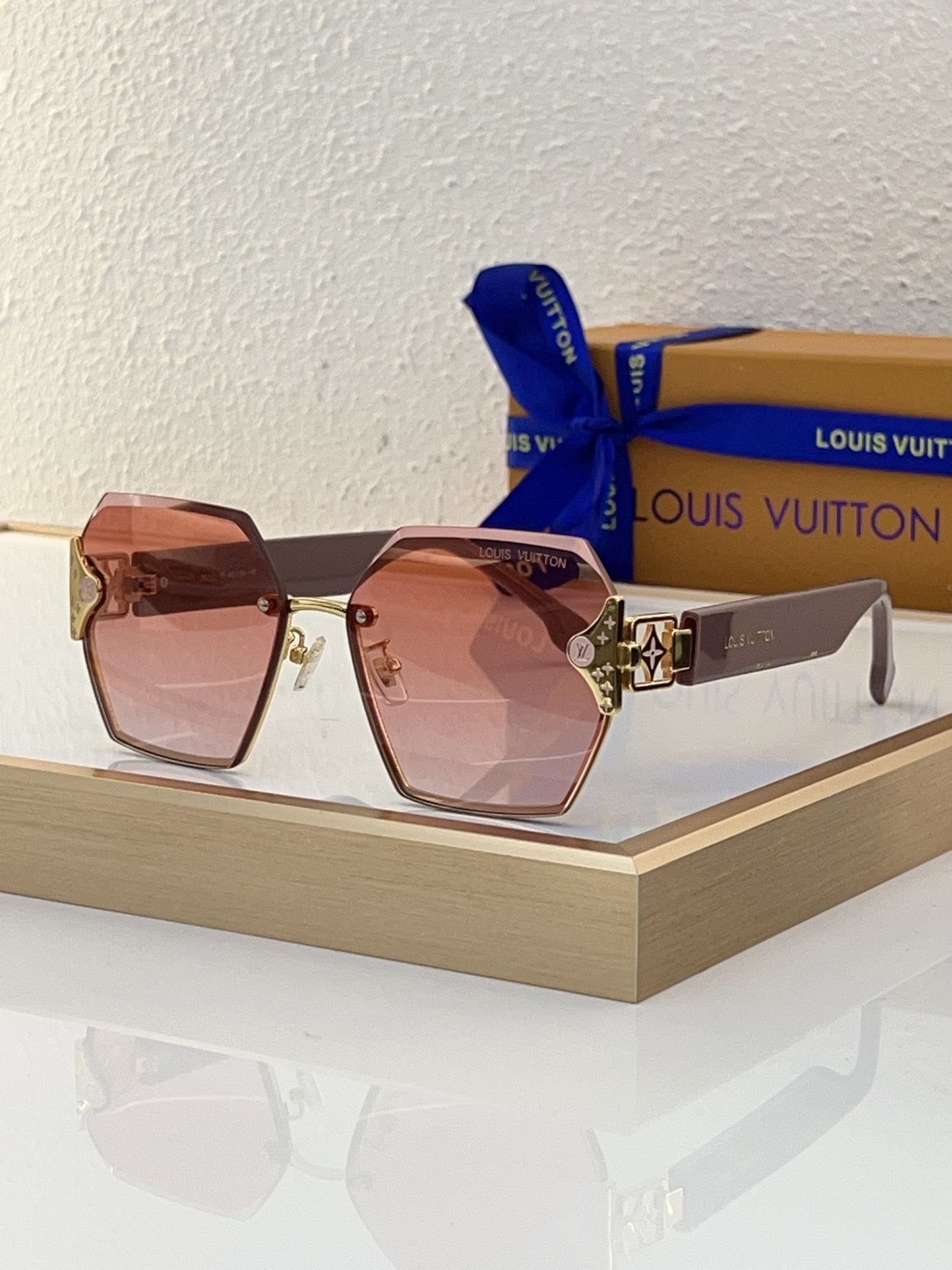 Louis Vuitton Hexagonal Metal Sunglasses with Gradient Pink - Brown Lenses, Gold - Tone Frame, Brown Temples & LV Motifs - Z1823E