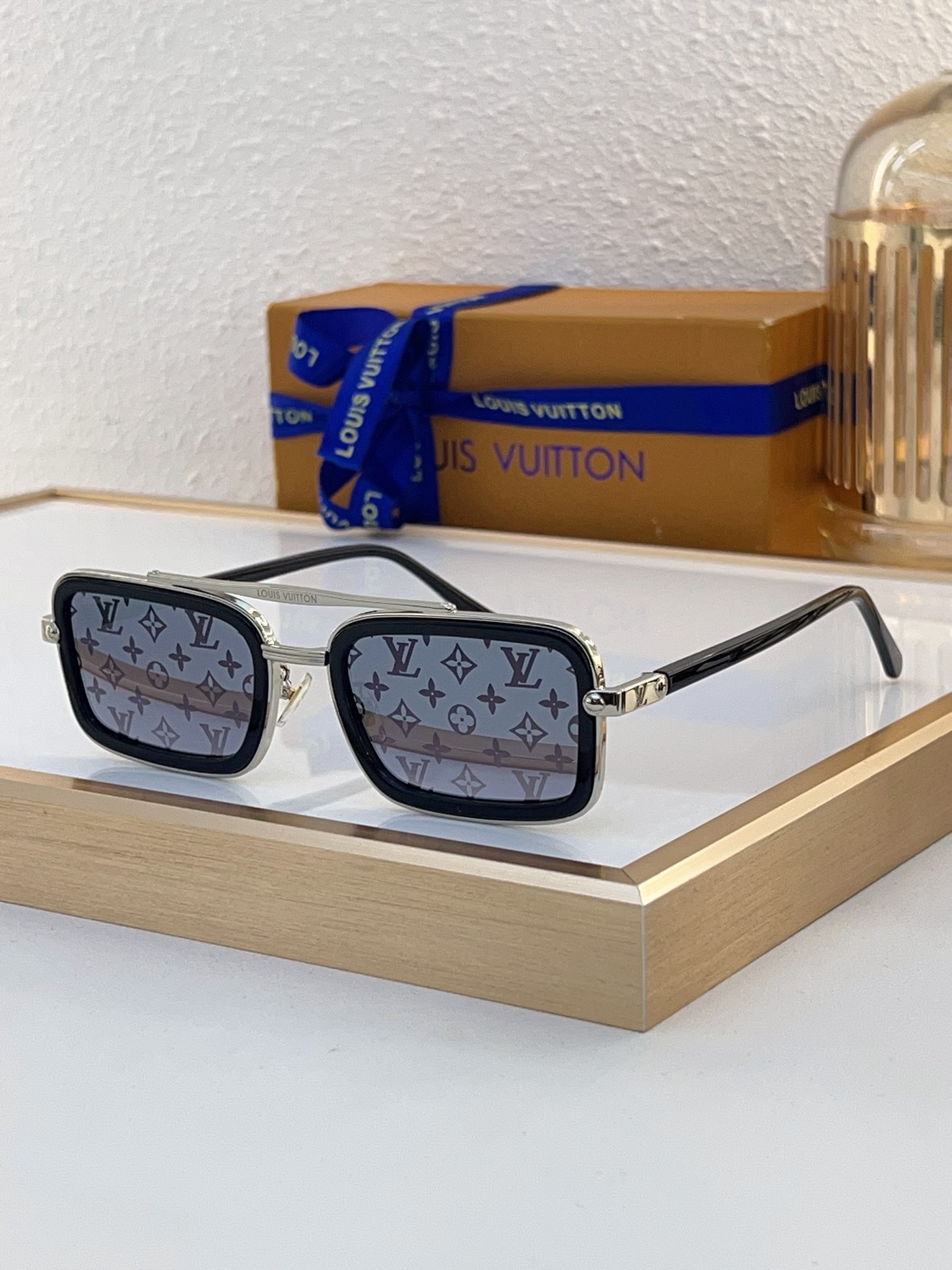 Louis Vuitton Square Double - Bridge Sunglasses with Tortoiseshell Acetate, Gold Metal & Monogram Lenses - Z1755E