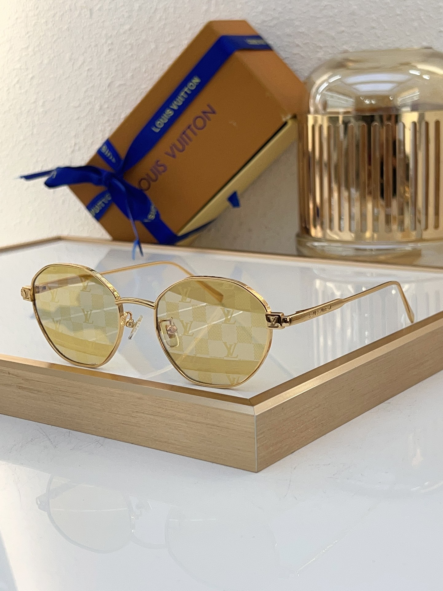 Louis Vuitton Octagonal Metal Sunglasses with Damier Pattern & Gold Finish - Z1746E
