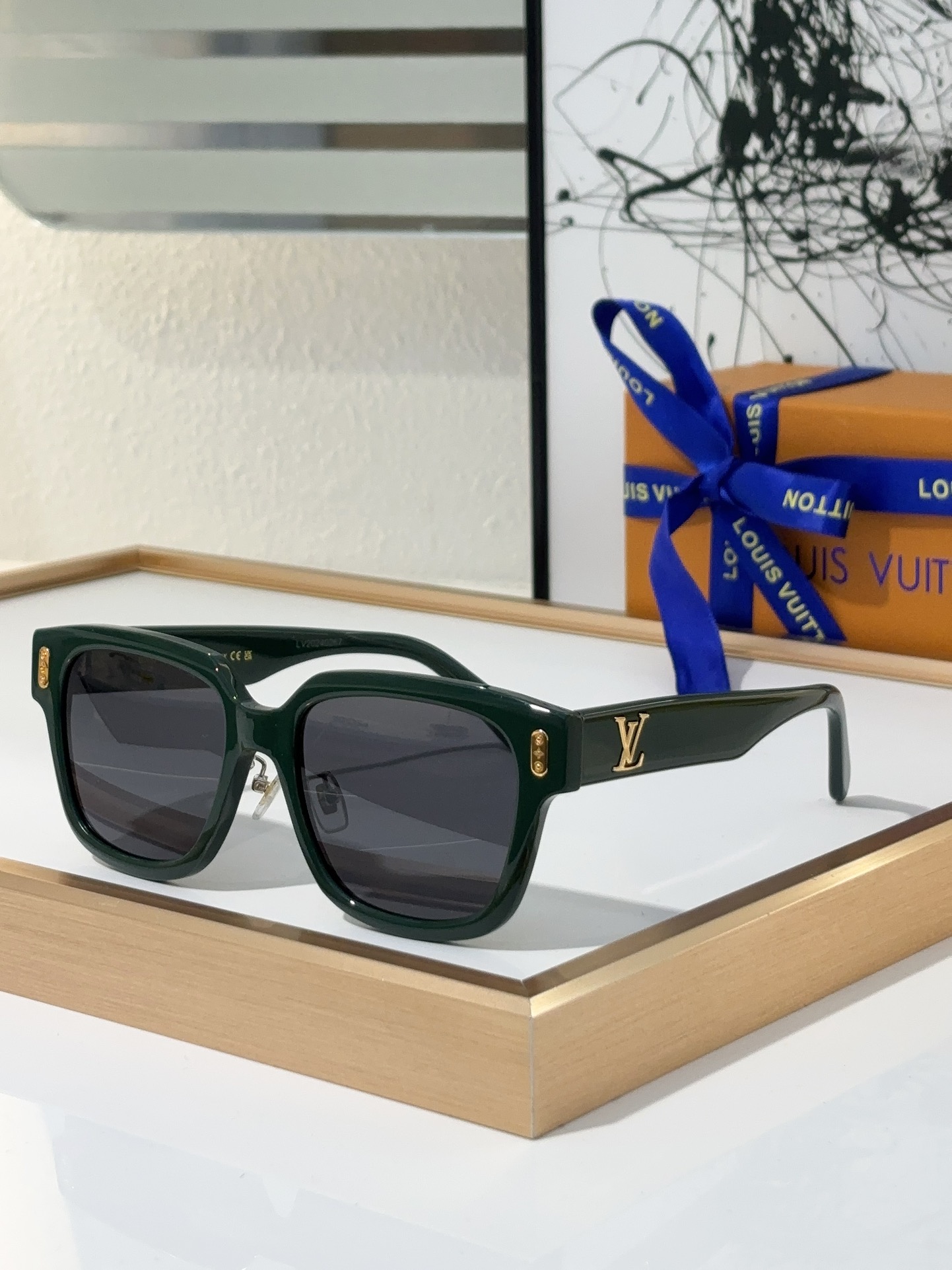 Louis Vuitton Square Black Acetate Sunglasses with Gold LV Accents - Z1731E