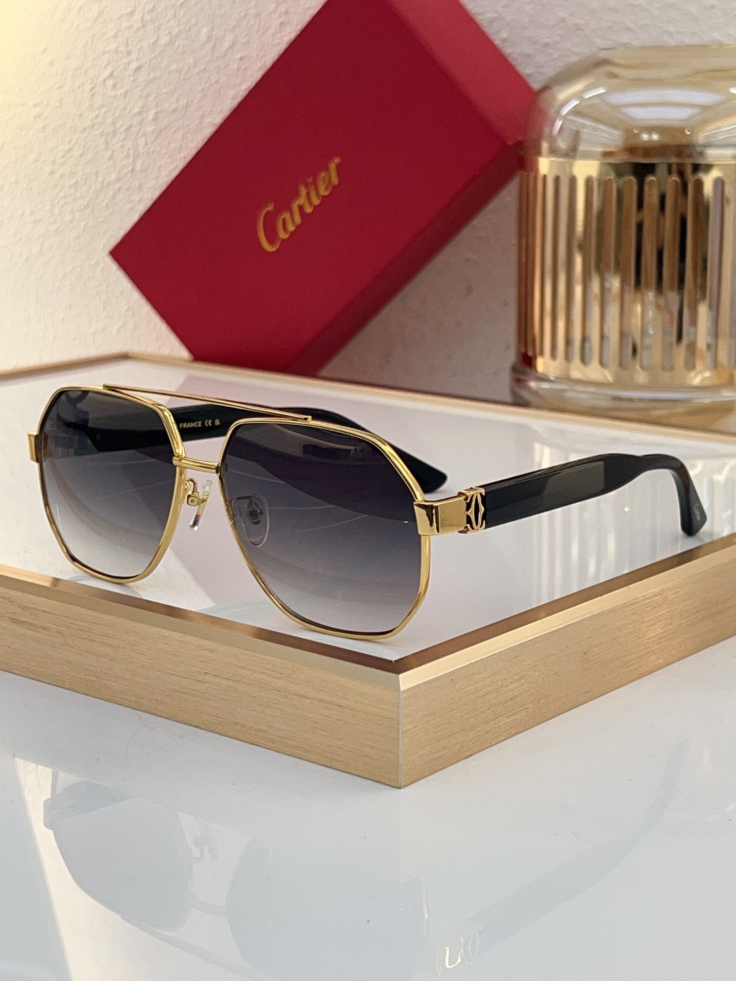Cartier CT0677S Octagonal Aviator Sunglasses with Gold - Tone Metal Frame, Tortoiseshell Acetate Temples