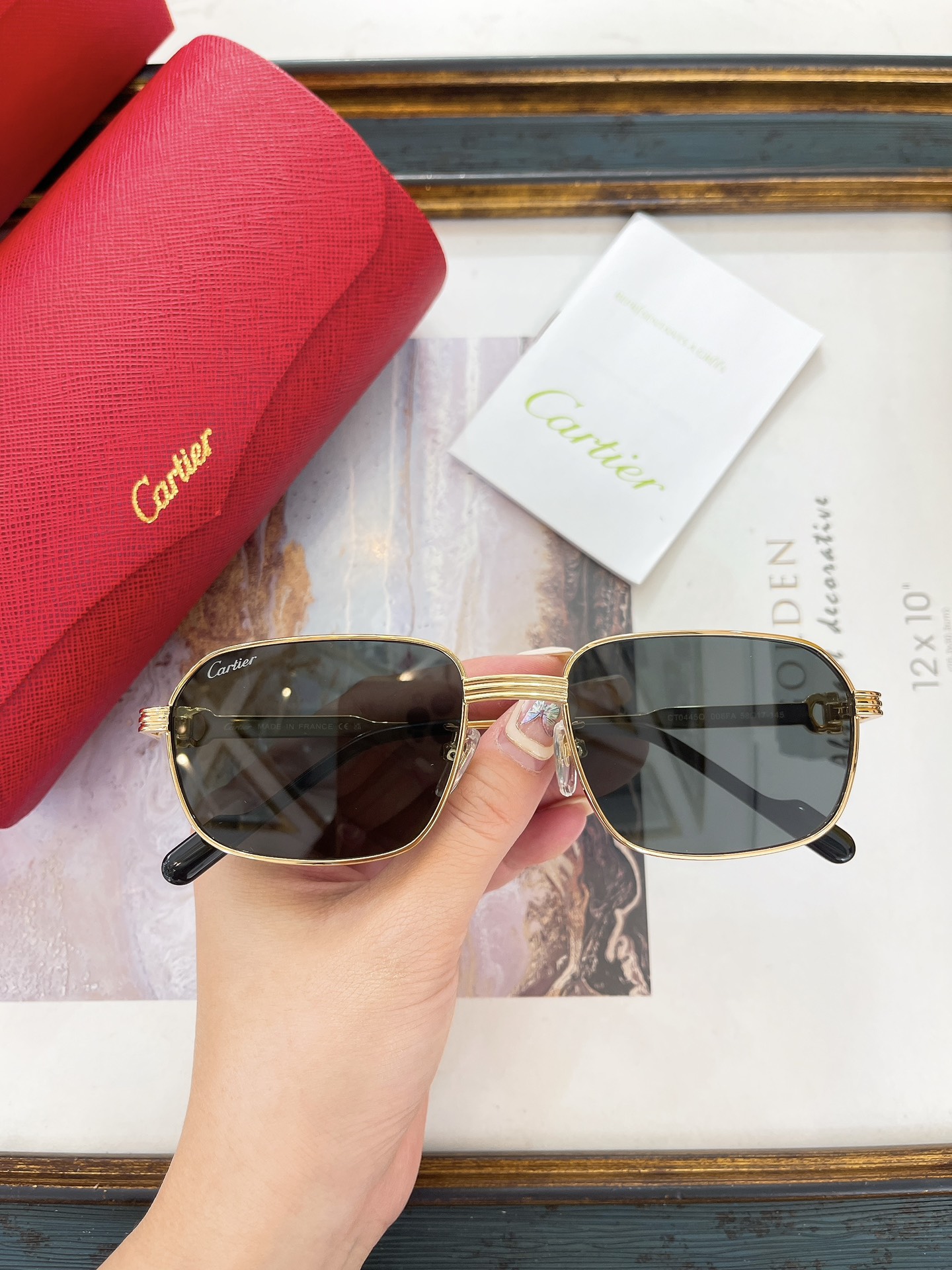 Cartier CT0445O Rectangular Gold-Plated Green Lens Sunglasses