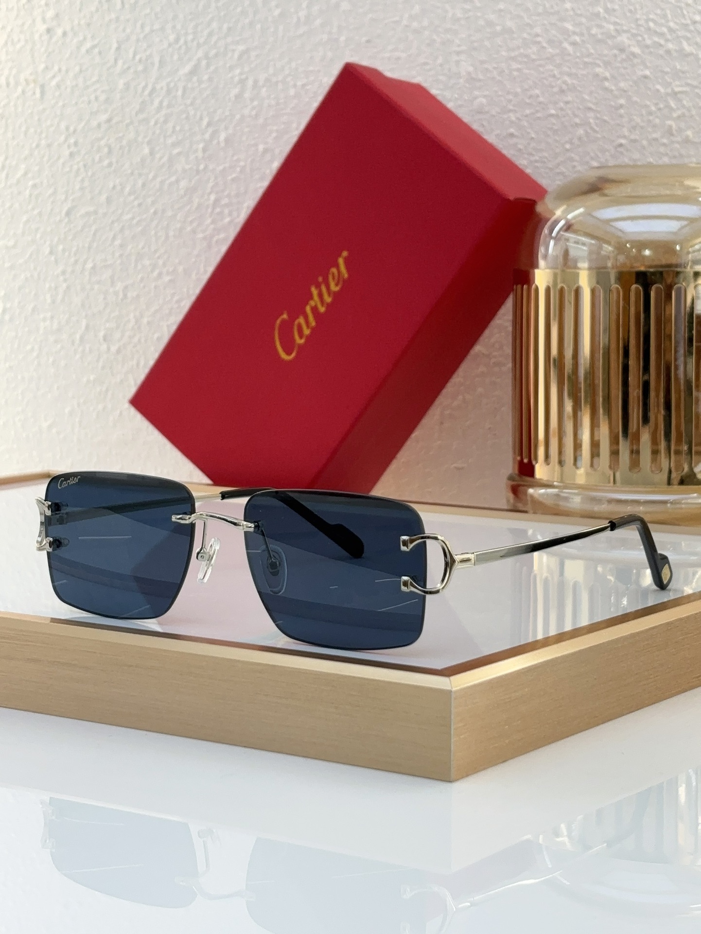 Cartier CT0330S Santos Rimless Rectangle Sunglasses