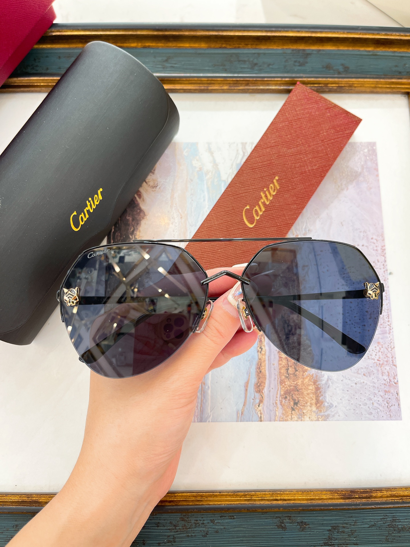 Cartier CT0355S Panther Décor Oversized Rimless Visor Sunglasses