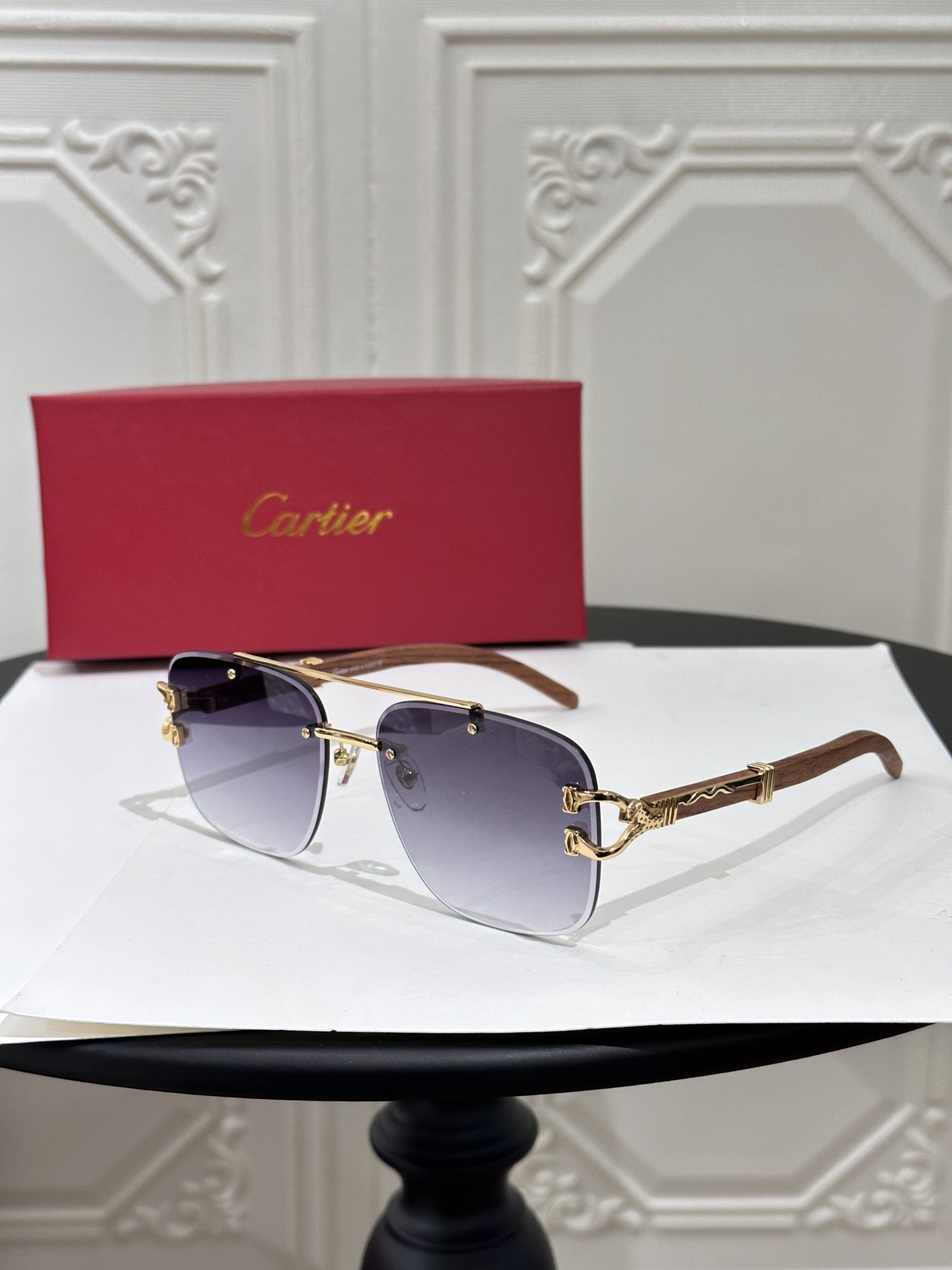 Cartier CT0383 Panther Motif Rimless Square Sunglasses