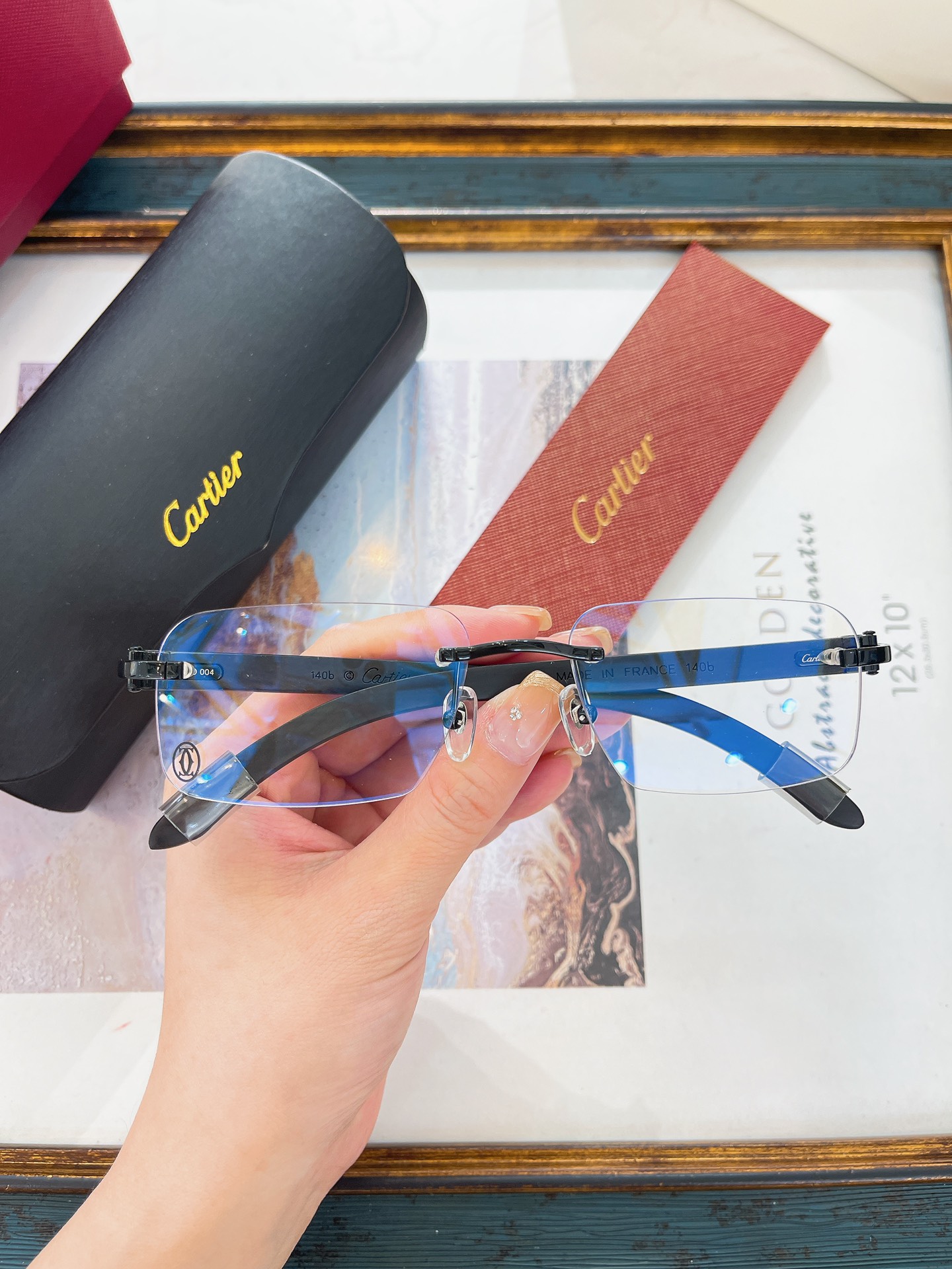 Cartier CT02420O Brushed Silver Wood-Temple Rimless Eyeglasses