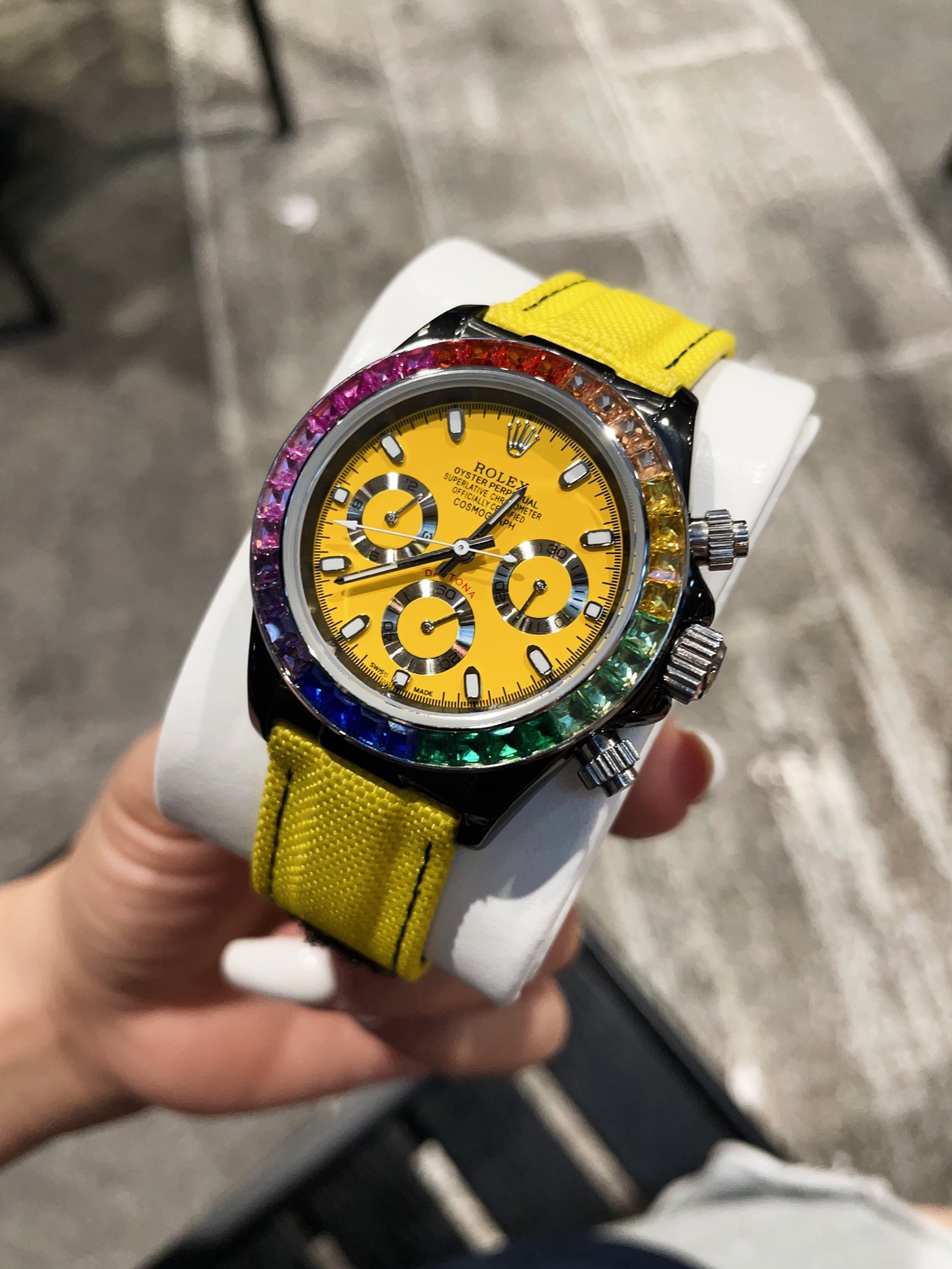 Rolex Cosmograph Daytona Rainbow 43mm Yellow Dial with Yellow Fabric Strap